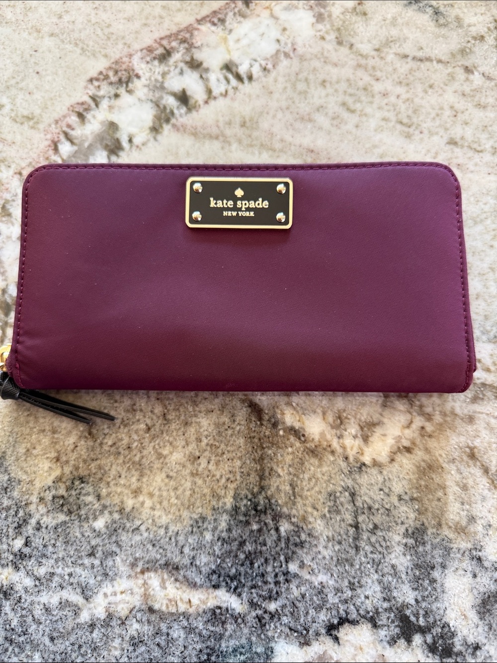 kate spade Plum Leather Zip Wallet with Gold Plaque